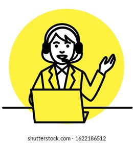 Call center operator. woman using headset and laptop computer. Vector illustration.