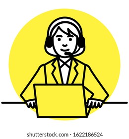 Call center operator. woman using headset and laptop computer. Vector illustration.