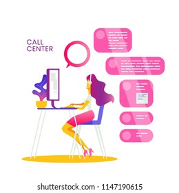 Call center operator at work Customer service representative at computer in headset. Beautiful young woman at the office desk Vector illustration of a trendy gradient design