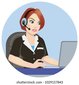call center operator at work. isolated on white background. Emergency concept with medical helpline operator wearing headset sitting at table and consulting people, vector