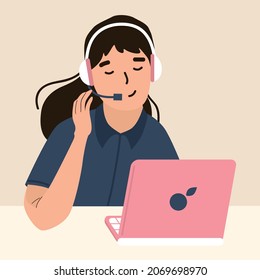 Operador del centro de llamadas que trabaja con audífonos. Empleados de soporte en línea de clientes, agentes de telemarketing. Ilustraciones de vectores planos de línea directa