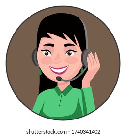 Call center operator.A young brunette girl communicates with a client on headphones with a microphone smiling. Vector illustration isolated on a white background for design and web.