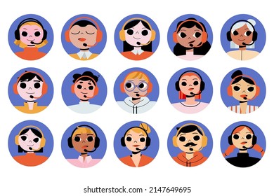 Call center operators avatar or round icons, client support help line workers wear headset with microphone. Telephone sales consultant male and female characters faces, Linear flat vector illustration