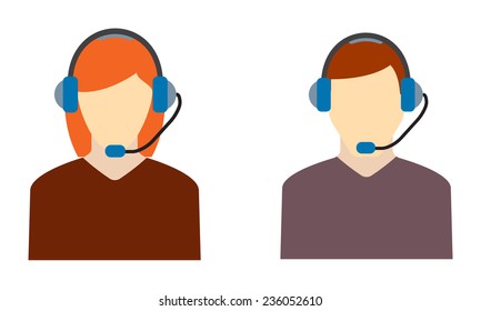 Call center operators, female and male avatar icons isolated on white background. Vector illustration, flat style.