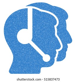 Call Center Operators grainy textured icon for overlay watermark stamps. Flat symbol with dust texture. Dotted vector cobalt ink rubber seal stamp with grunge design on a white background.