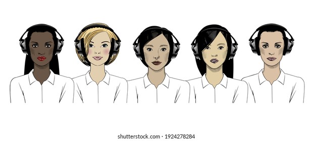 Operadores de centros de llamadas. Trabajadores de línea directa con audífonos, servicio al cliente y vector de comunicación. Operador de entrega y entrega, línea de ayuda o línea de ayuda. Ilustración vectorial.