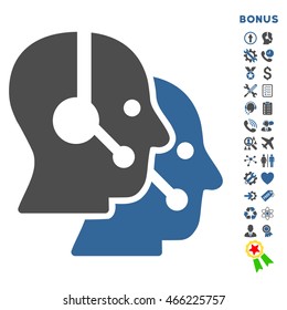 Call Center Operators icon with bonus pictograms. Vector style is bicolor flat iconic symbol with rounded angles, cobalt and gray colors, white background.