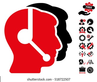 Call Center Operators icon with bonus configuration clip art. Vector illustration style is flat iconic intensive red and black symbols on white background.