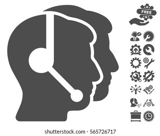 Call Center Operators icon with bonus settings images. Vector illustration style is flat iconic gray symbols on white background.