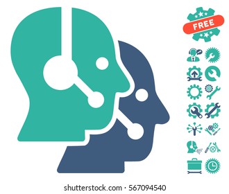 Call Center Operators icon with bonus service pictures. Vector illustration style is flat iconic cobalt and cyan symbols on white background.