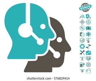 Call Center Operators icon with bonus quadrocopter service symbols. Vector illustration style is flat iconic grey and cyan symbols on white background.