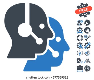 Call Center Operators icon with bonus settings pictures. Vector illustration style is flat iconic smooth blue symbols on white background.