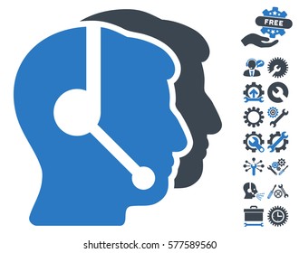 Call Center Operators icon with bonus service graphic icons. Vector illustration style is flat iconic smooth blue symbols on white background.