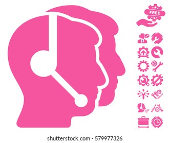Call Center Operators icon with bonus service pictures. Vector illustration style is flat iconic pink symbols on white background.