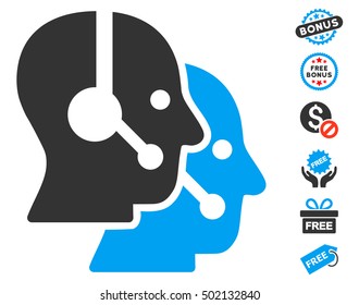 Call Center Operators icon with free bonus symbols. Vector illustration style is flat iconic symbols, blue and gray colors, white background.