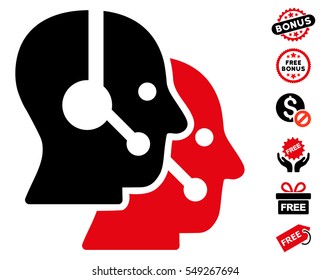 Call Center Operators icon with free bonus symbols. Vector illustration style is flat iconic symbols, intensive red and black colors, white background.