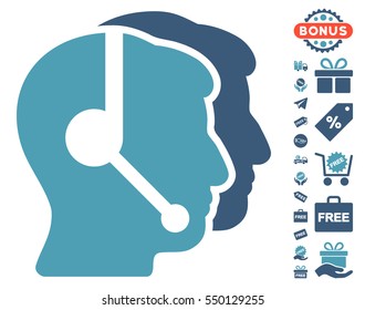 Call Center Operators icon with free bonus images. Vector illustration style is flat iconic symbols, cyan and blue colors, white background.
