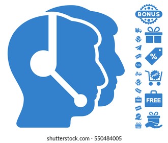 Call Center Operators icon with free bonus pictograms. Vector illustration style is flat iconic symbols, cobalt color, white background.