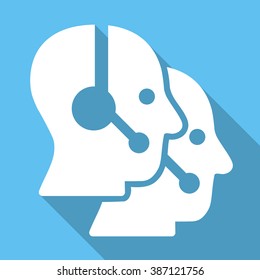 Call Center Operators long shadow vector icon. Style is a white flat symbol on a light-blue square background.