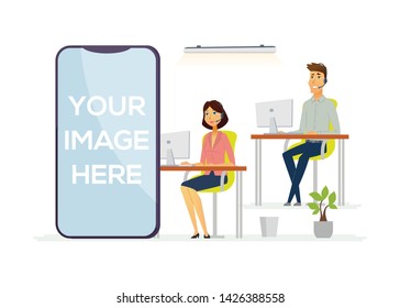 Call center operators - modern cartoon people characters illustration with man and woman at computers in headsets speaking with clients. Customer service concept. A smartphone with place for the image