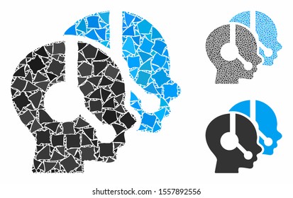 Call center operators mosaic of irregular parts in variable sizes and color tints, based on call center operators icon. Vector unequal parts are composed into collage.
