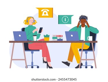 Call-Center-Betreiber. Multikulturelle Büroangestellte, Mann und Frau mit Headset Support Kunde in Smartphone oder Computer, prächtige Vektorgrafik