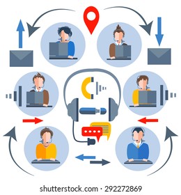 Call center operators with a myriad of gadgets. People in business suits avatars and icons for business theme for mobile applications and the Web. Man woman, girl, boy. Isolated vector illustration