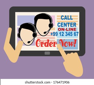CALL CENTER OPERATORS ON WEB PAGE, DISPLAY ON TABLET FLAT DESIGN ILLUSTRATION VECTOR