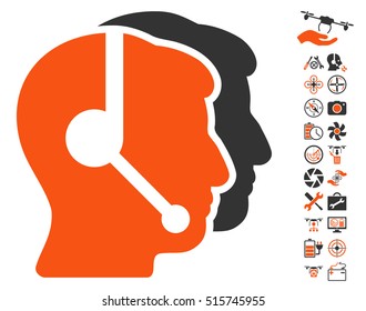 Call Center Operators pictograph with bonus quad copter tools design elements. Vector illustration style is flat iconic symbols on white background.