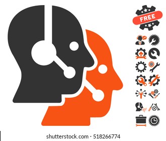 Call Center Operators pictograph with bonus tools graphic icons. Vector illustration style is flat iconic orange and gray symbols on white background.