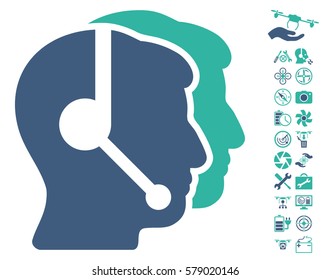 Call Center Operators pictograph with bonus quadrocopter tools clip art. Vector illustration style is flat iconic cobalt and cyan symbols on white background.