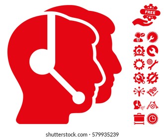 Call Center Operators pictograph with bonus tools clip art. Vector illustration style is flat iconic red symbols on white background.