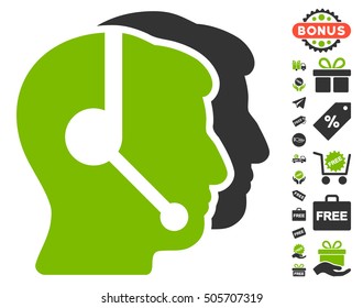 Call Center Operators pictograph with free bonus design elements. Vector illustration style is flat iconic symbols, eco green and gray colors, white background.