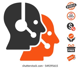 Call Center Operators pictograph with free bonus graphic icons. Vector illustration style is flat iconic symbols, orange and gray colors, white background.
