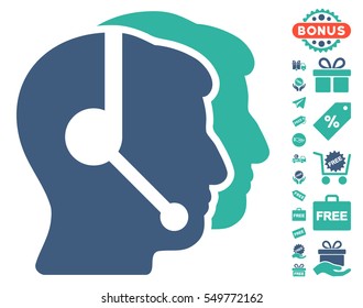 Call Center Operators pictograph with free bonus icon set. Vector illustration style is flat iconic symbols, cobalt and cyan colors, white background.