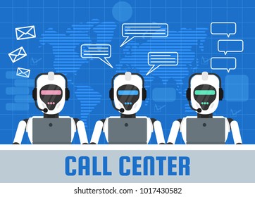 call center operators. robots android at work place with laptop