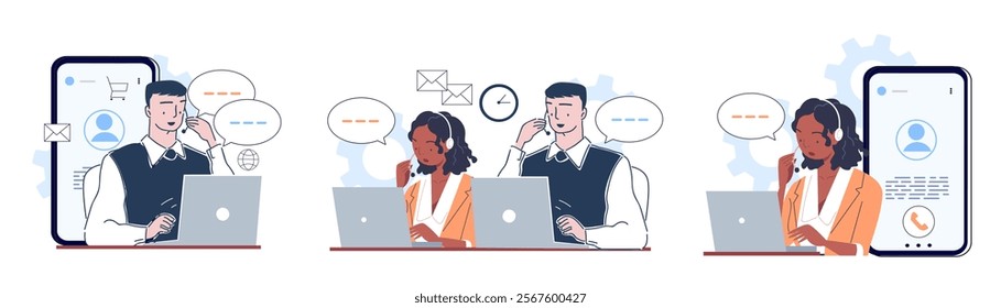 Call center operators set. Men and women wearing headsets answer customer questions. Technical support and hotline. Consultation and assistance. Linear vector collection isolated on white background