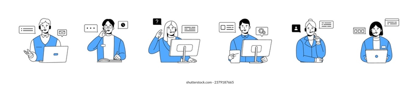 Call center operators set. Online customer support service. Workers in headsets work at helpdesk, hotline. Employees with laptops talk, help to clients. Flat vector illustrations isolated on white
