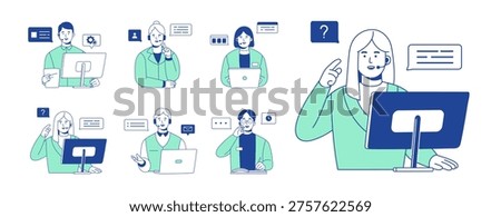 Call center operators set. Workers of technical support service. Consultants of hotline, helpdesk communicate with clients by headset and help. Flat isolated outline vector illustrations on white
