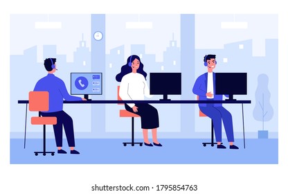 Call center operators at their office workplaces. Support service consultants wearing headsets, working at computers. Vector illustration for customer support, hotline, telemarketing concepts