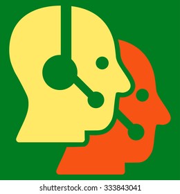 Call Center Operators vector icon. Style is bicolor flat symbol, orange and yellow colors, rounded angles, green background.
