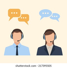 call center operators wearing headsets and speech bubbles. vector concept icons