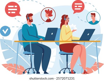 Call center operators wearing headsets are working with laptops and talking to clients, providing online customer service and technical support