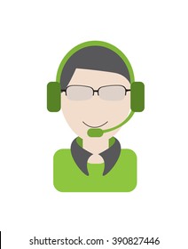 call center operators wearing headsets and speech bubbles.