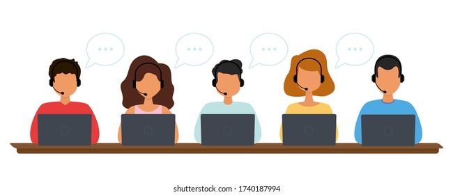 Call Center operators at work. Hotline workers wearing headphones with microphone working at computers. Telemarketing agents. Vector illustration isolated on white background.