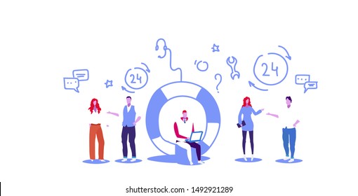 call center operators working together technical team support customer service chatting communication concept businesspeople discussing during meeting full length sketch doodle horizontal