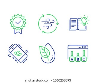 Call center, Organic product and Product knowledge line icons set. Certificate, Wind energy and Survey results signs. Phone support, Leaf, Education process. Verified award. Technology set. Vector