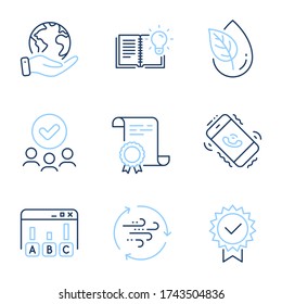 Call center, Organic product and Product knowledge line icons set. Diploma certificate, save planet, group of people. Certificate, Wind energy and Survey results signs. Vector