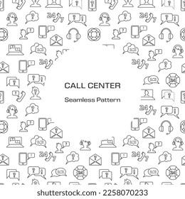 Call center pattern. Customer help service. Business support form. Phone headset. Computer technology. FAQ line symbols. Mail letter and digital chatting. Vector icon current background