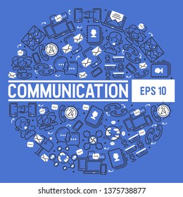 Call center pattern vector people operator in headset man woman character working in call-office to support customers illustration backdrop of business outline icons mail phone background.